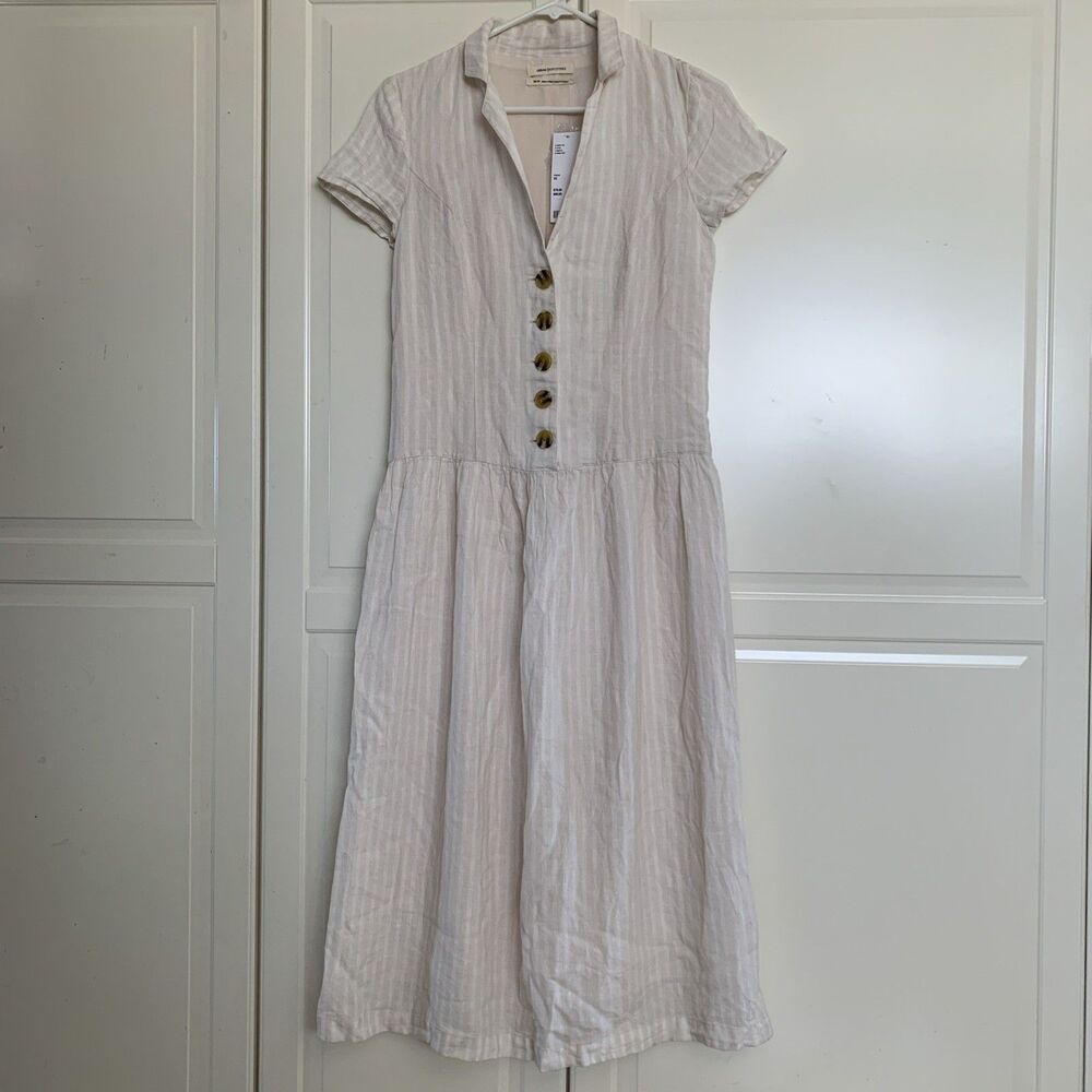 Urban Outfitters Linen Blend Collared Button Dress Short Sleeve Cream Womens XS